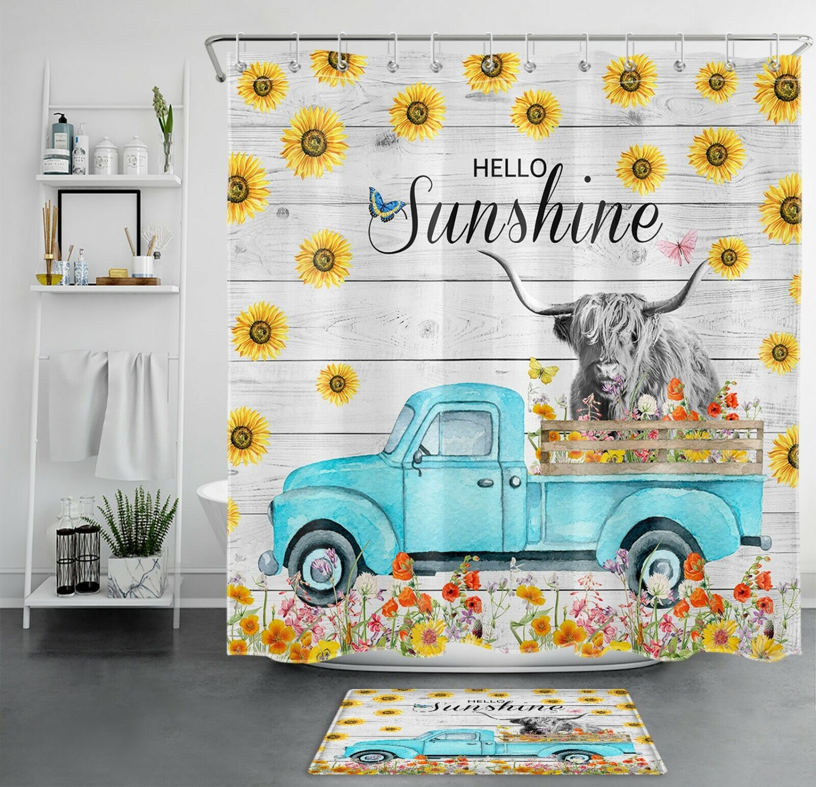 Blue Truck Highland Cow Vintage Shower Curtain with Sunflower Quote