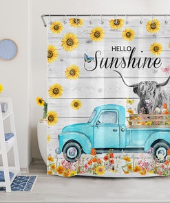 Blue Truck Highland Cow Vintage Shower Curtain with Sunflower Quote
