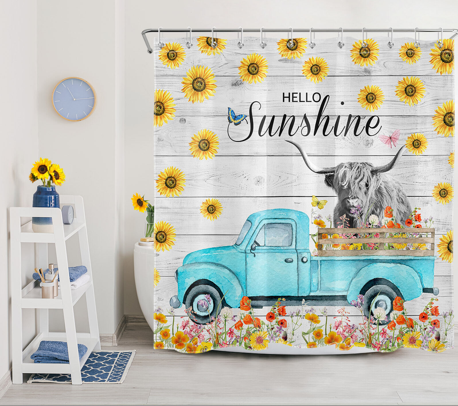 Blue Truck Highland Cow Vintage Shower Curtain with Sunflower Quote