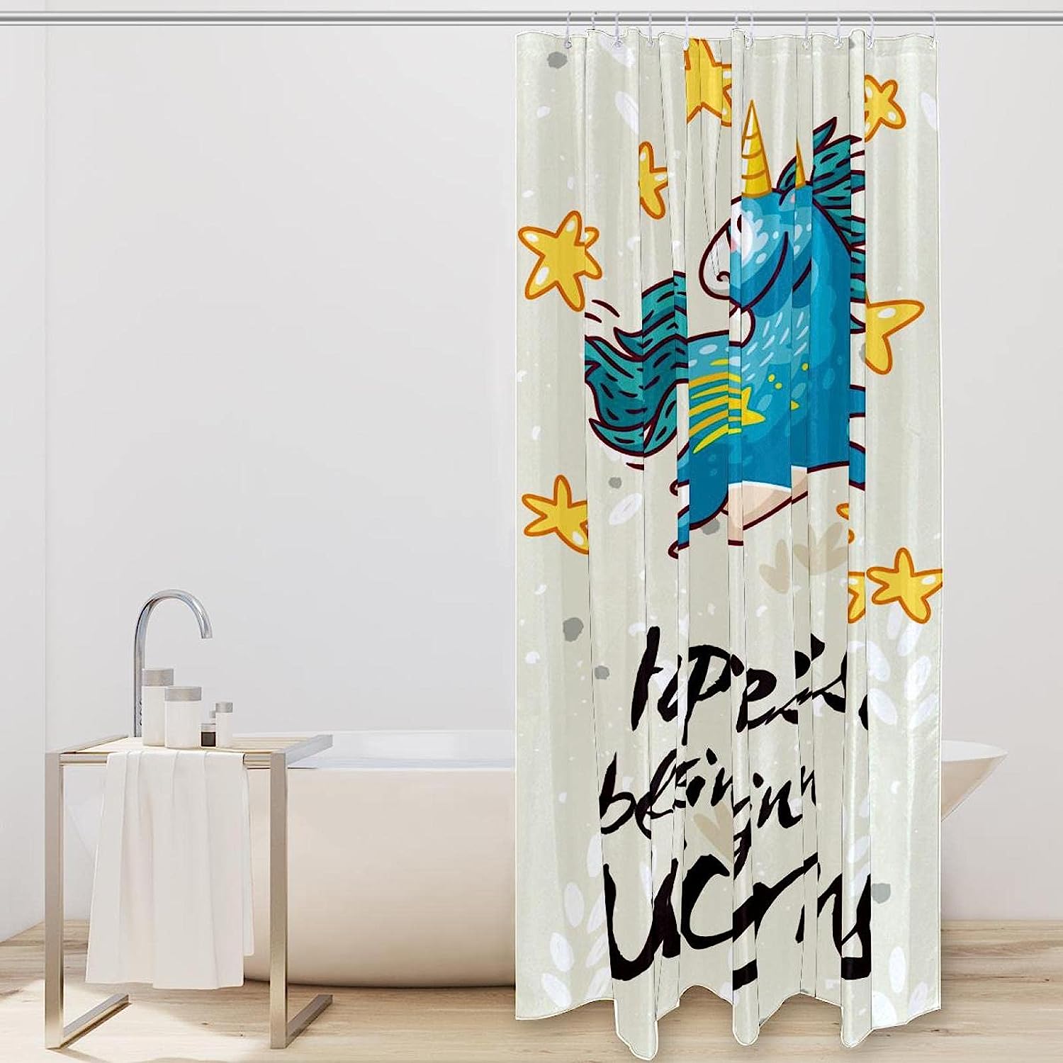 Blue Unicorn Stars Print Shower Curtain - Cute And Fun Bathroom Decor - Image 2