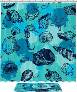 Blue Water Sea Life Creatures Shower Curtain With Starfish, Shell, Crab, And Conch Print