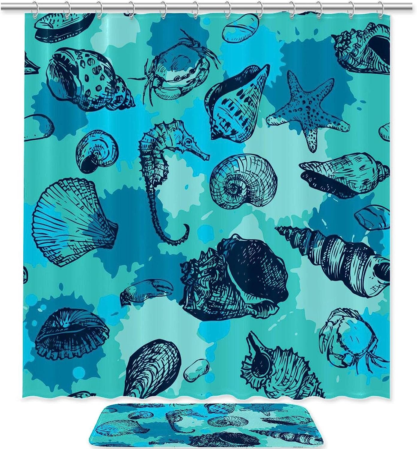 Blue Water Sea Life Creatures Shower Curtain With Starfish, Shell, Crab, And Conch Print