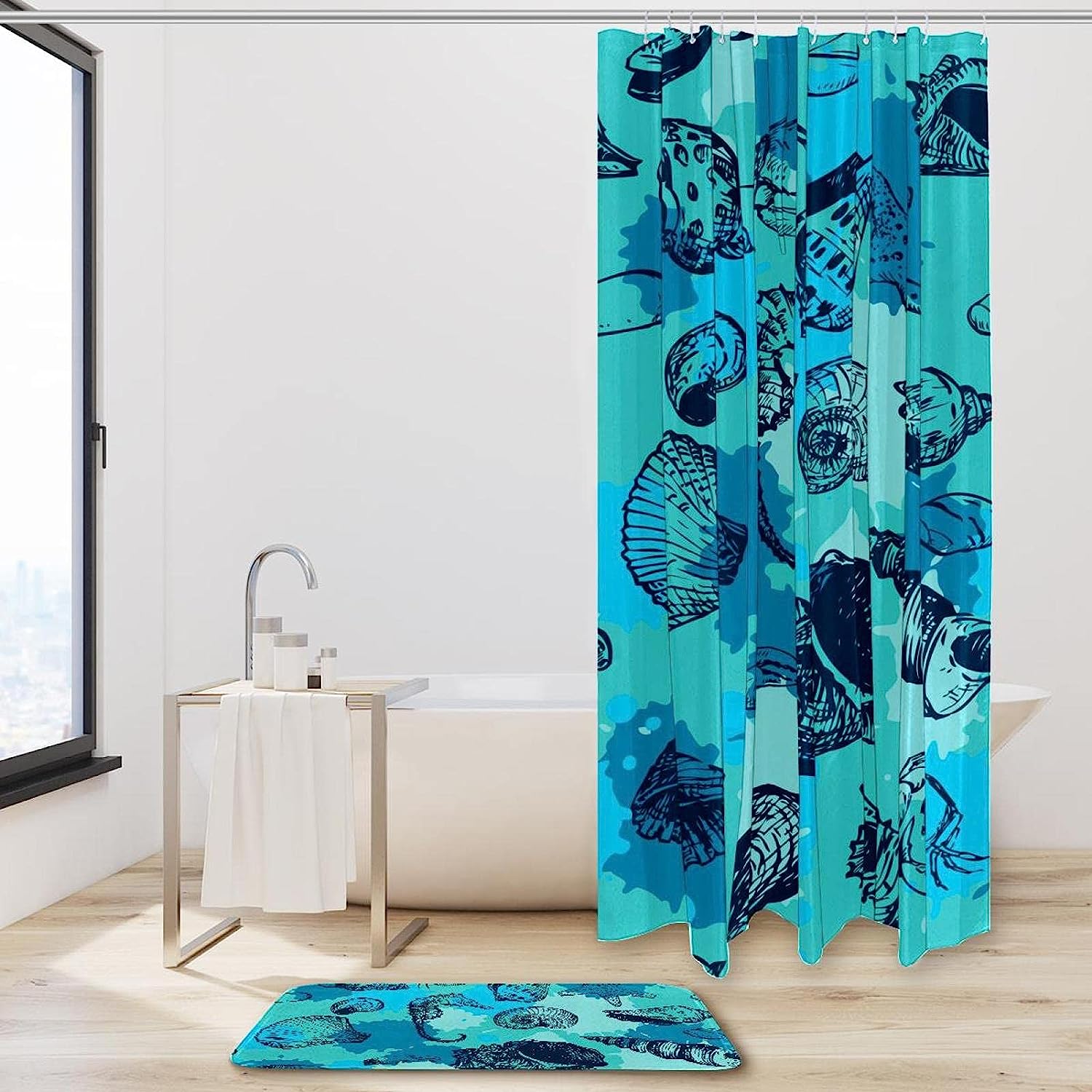 Blue Water Sea Life Creatures Shower Curtain With Starfish, Shell, Crab, And Conch Print - Image 2