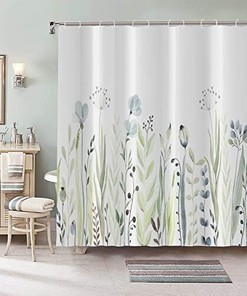 Blue Watercolor Floral And Green Plants Botanical Shower Curtain For Bathroom 