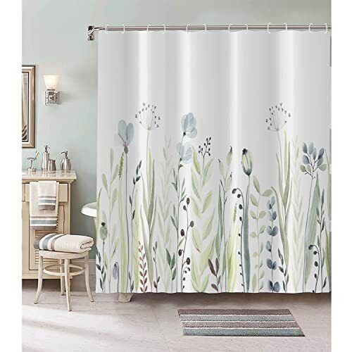 Blue Watercolor Floral And Green Plants Botanical Shower Curtain For Bathroom