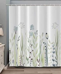 Blue Watercolor Floral And Green Plants Botanical Shower Curtain For Bathroom