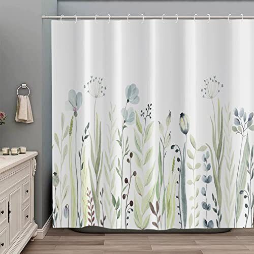 Blue Watercolor Floral And Green Plants Botanical Shower Curtain For Bathroom