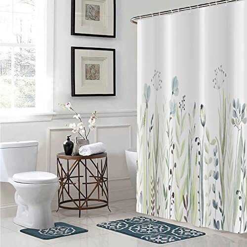 Blue Watercolor Floral And Green Plants Botanical Shower Curtain For Bathroom