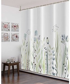 Blue Watercolor Floral And Green Plants Botanical Shower Curtain For Bathroom