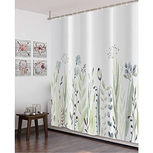 Blue Watercolor Floral And Green Plants Botanical Shower Curtain For Bathroom