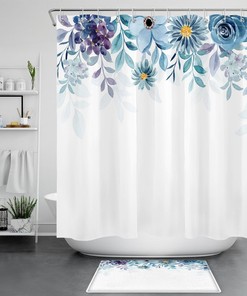Blue Watercolor Flower Shower Curtain With Vibrant Botanical Design