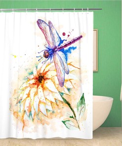 Blue Watercolor Flying Dragonfly and Lily Shower Curtain