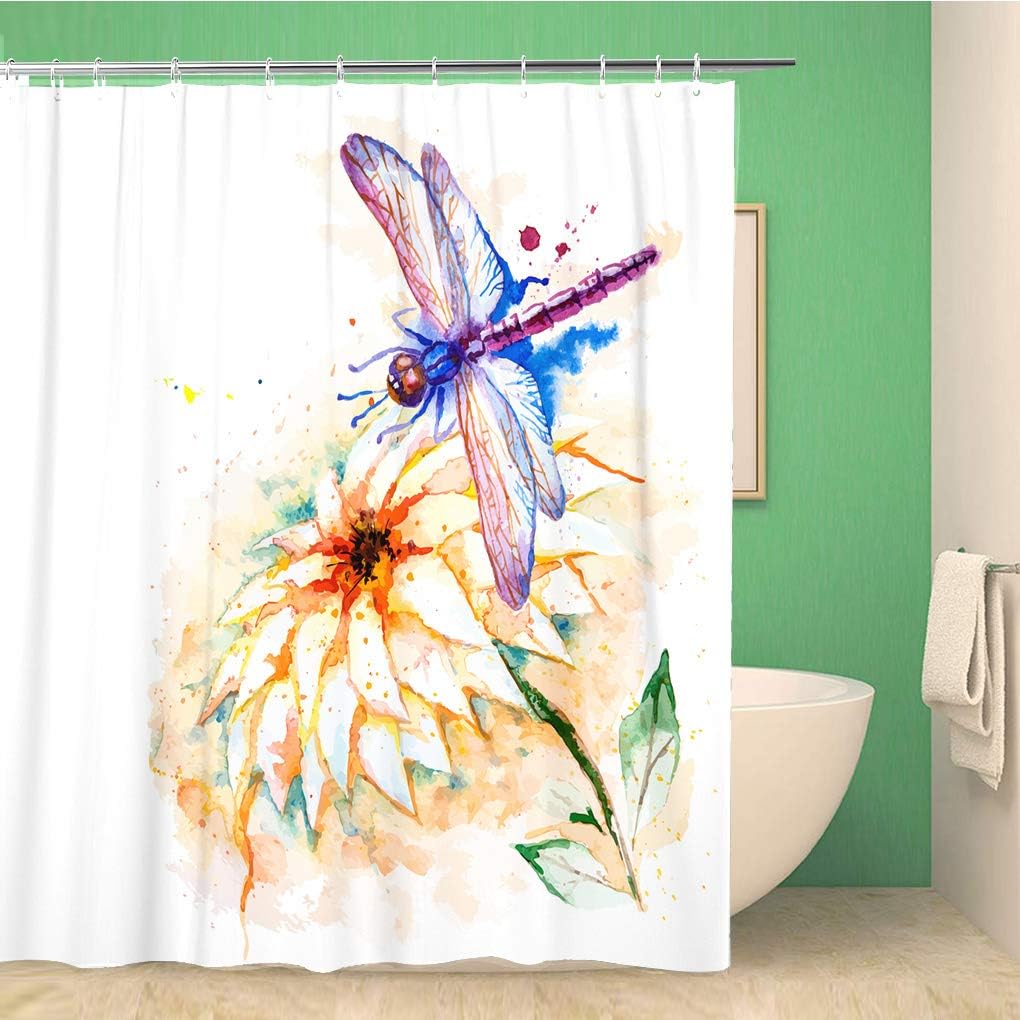 Blue Watercolor Flying Dragonfly and Lily Shower Curtain