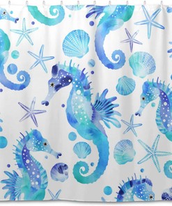 Blue Watercolor Seahorse Shower Curtain Modern Home Bathroom Hotel Spa Decorations Waterproof Fabric