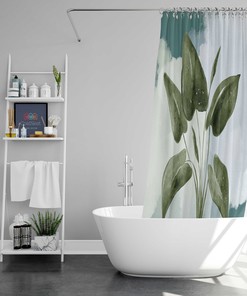 Blue Watercolor Tropical Leaf Print Shower Curtain With Green Leaves For Your Bathroom