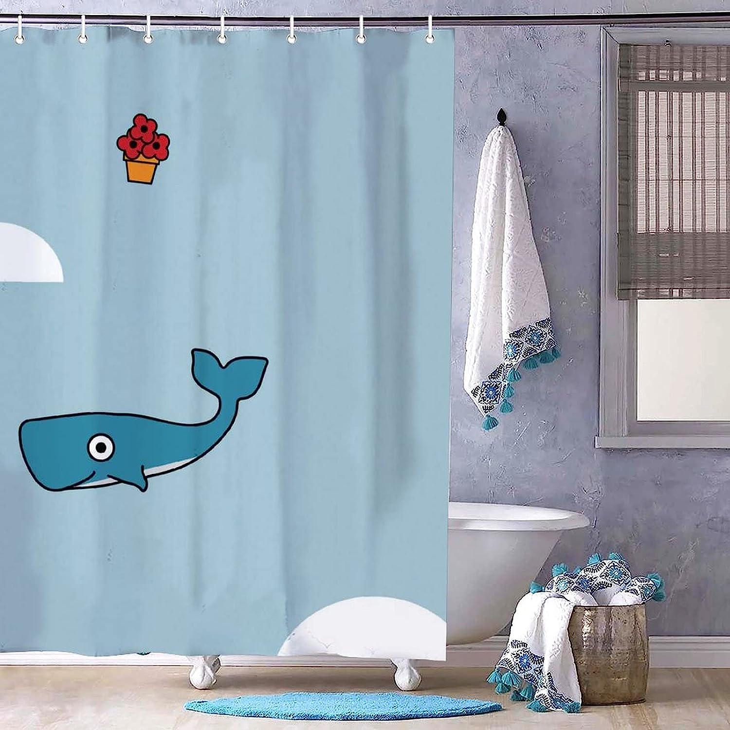 Blue Watercolor Whale Print Shower Curtain for Bathroom Decor
