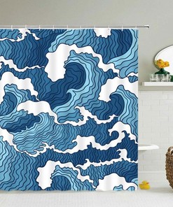 Blue Wave Shower Curtain, Beach Themed Bathroom Curtain With Ocean And Sand Design, Home Decor Accessory