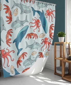 Blue Whale And Octopus Print Shower Curtain With Deep Water Sea Creature Theme