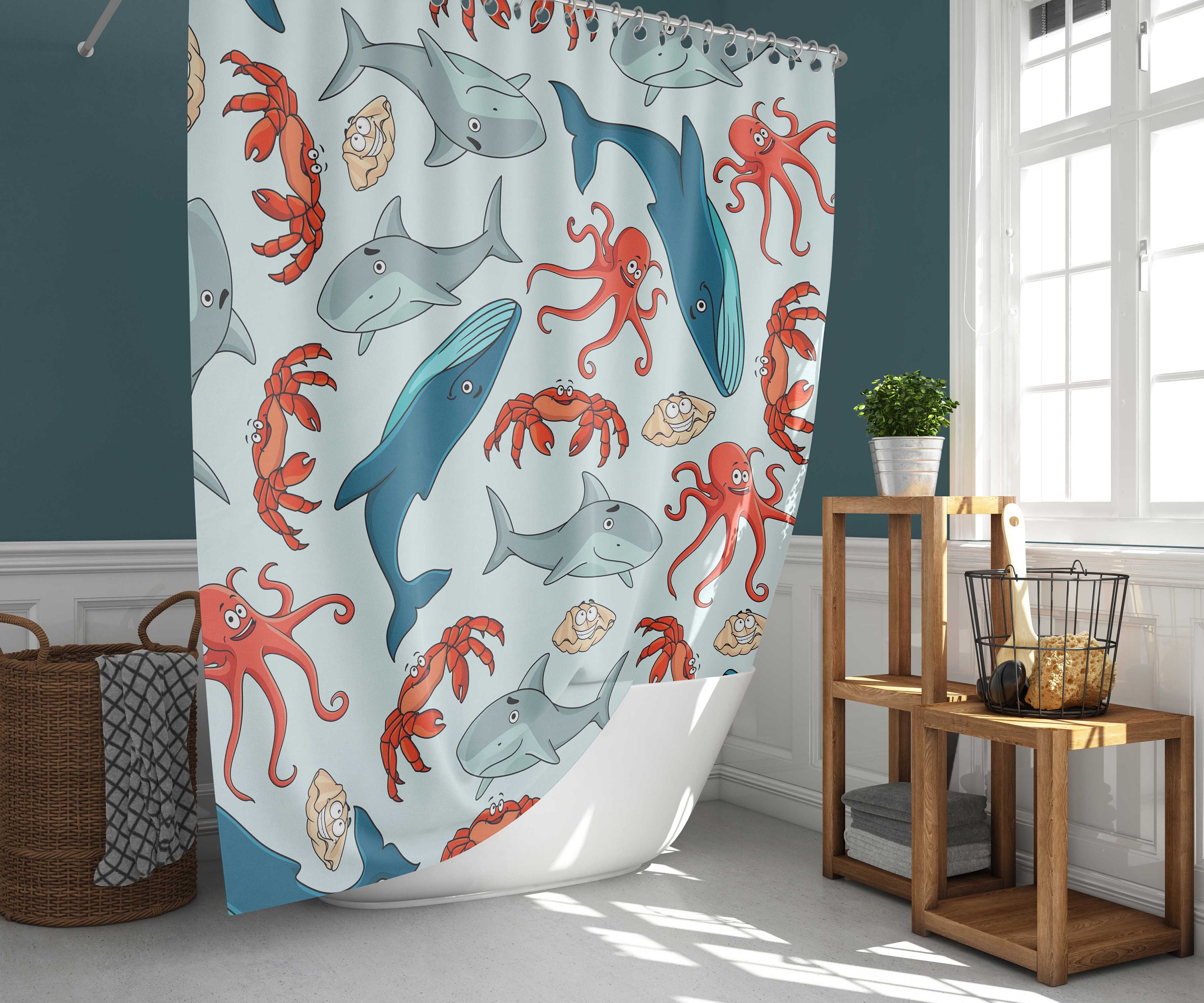 Blue Whale And Octopus Print Shower Curtain With Deep Water Sea Creature Theme