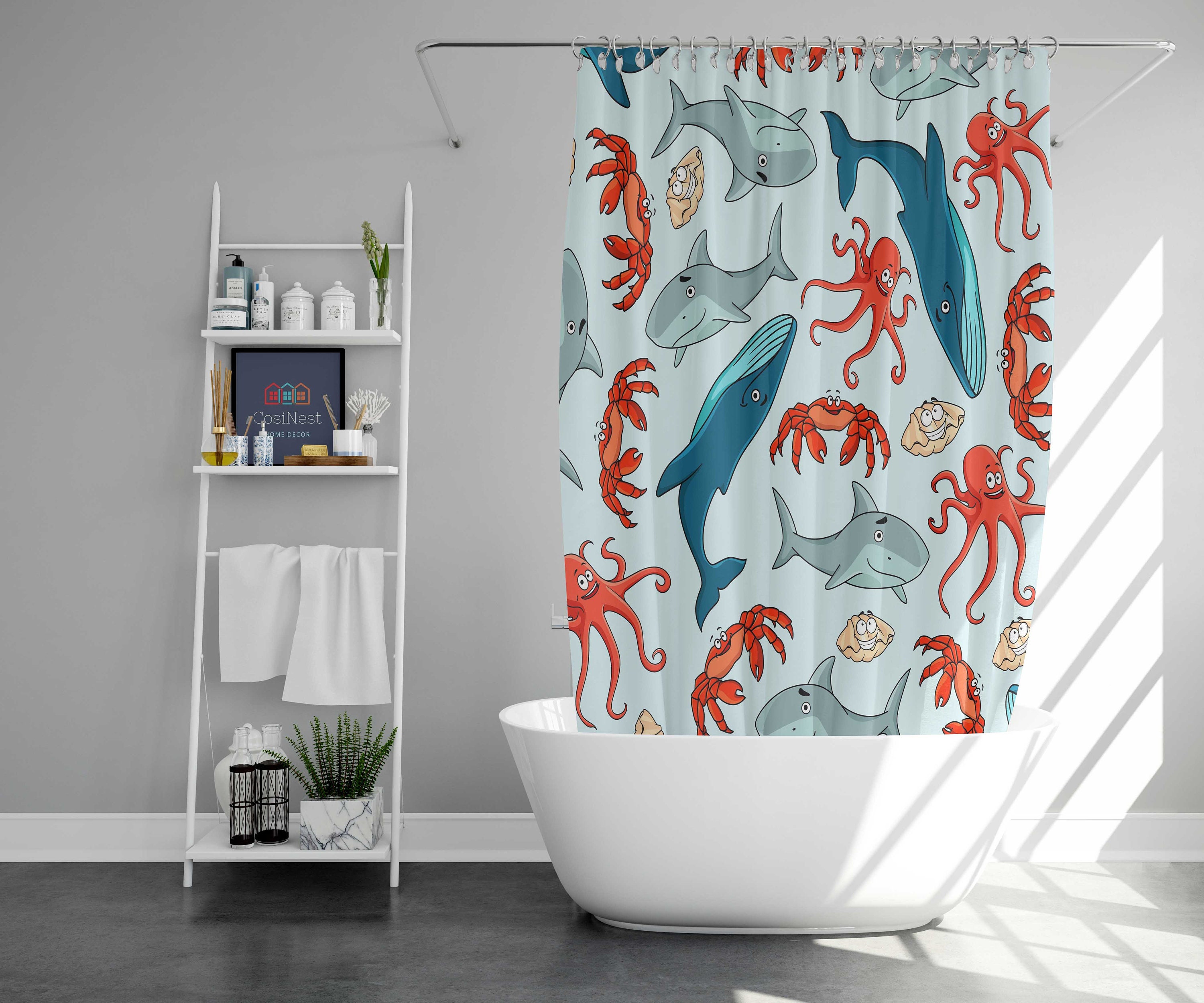 Blue Whale And Octopus Print Shower Curtain With Deep Water Sea Creature Theme - Image 2