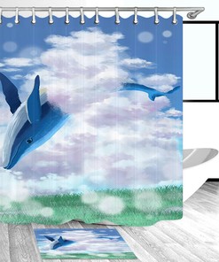 Blue Whale Jumping Clouds Fabric Shower Curtain For Nautical Bathroom Decor