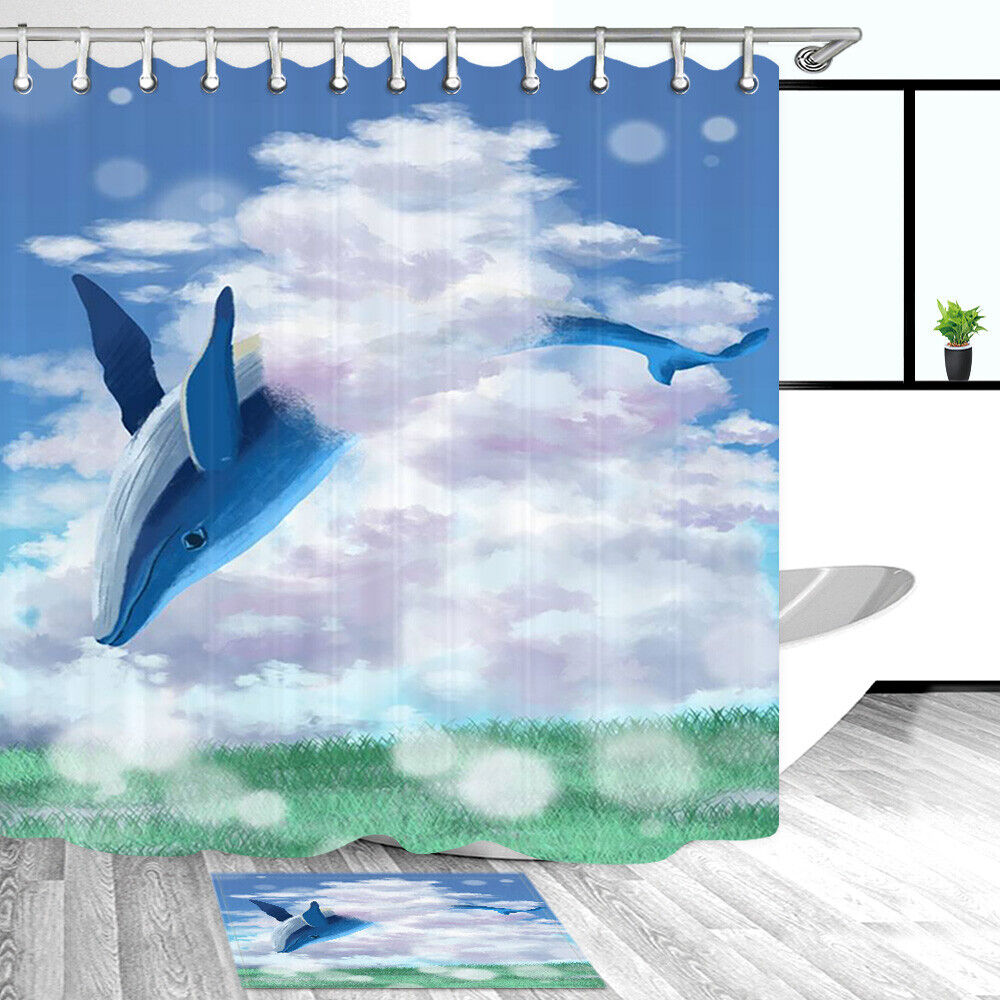 Blue Whale Jumping Clouds Fabric Shower Curtain For Nautical Bathroom Decor