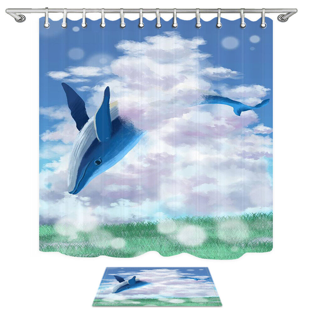 Blue Whale Jumping Clouds Fabric Shower Curtain For Nautical Bathroom Decor - Image 2