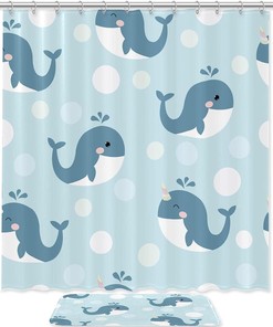 Blue Whale Ocean Shower Curtain with Waterproof Bathroom Decors 