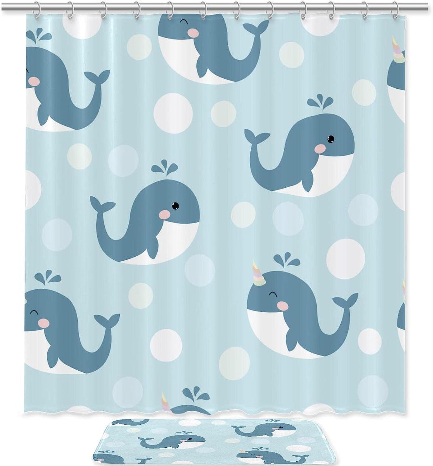 Blue Whale Ocean Shower Curtain with Waterproof Bathroom Decors