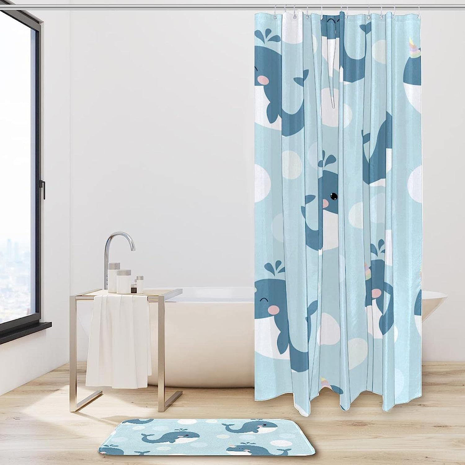 Blue Whale Ocean Shower Curtain with Waterproof Bathroom Decors