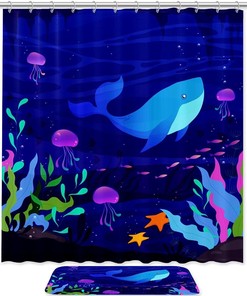 Blue Whale Shower Curtain Set for Showers, Stalls & Bathtubs