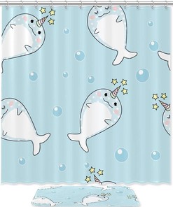 Blue Whales and Unicorn Shower Curtain for a Coastal-Themed Bathroom Decor