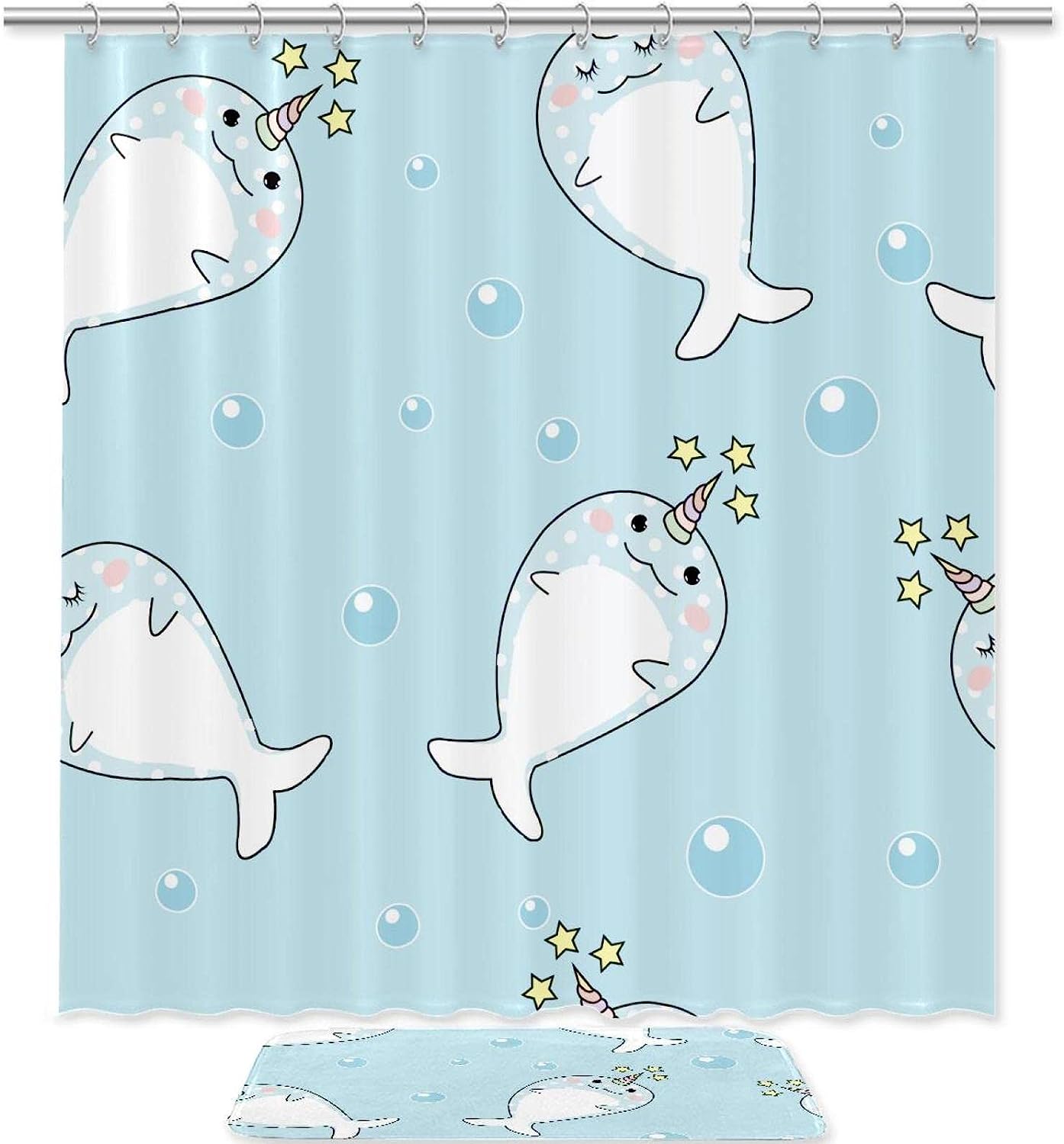 Blue Whales and Unicorn Shower Curtain for a Coastal-Themed Bathroom Decor