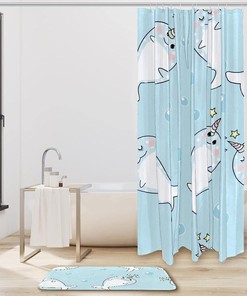 Blue Whales and Unicorn Shower Curtain for a Coastal-Themed Bathroom Decor