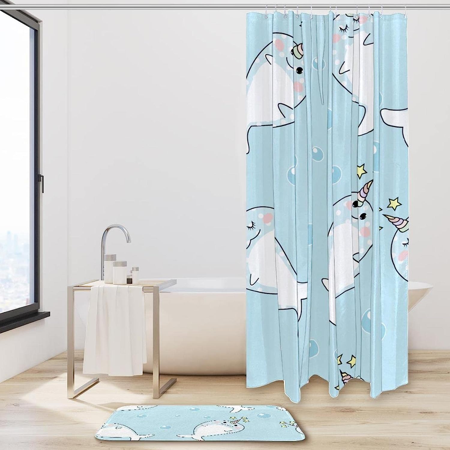Blue Whales and Unicorn Shower Curtain for a Coastal-Themed Bathroom Decor