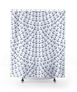 Blue & White Anchor Pattern Nautical Ocean Sailing Theme Shower Curtain