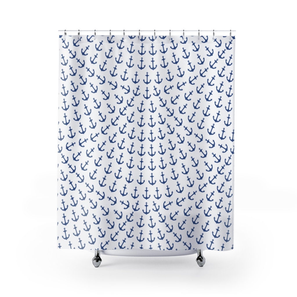 Blue & White Anchor Pattern Nautical Ocean Sailing Theme Shower Curtain