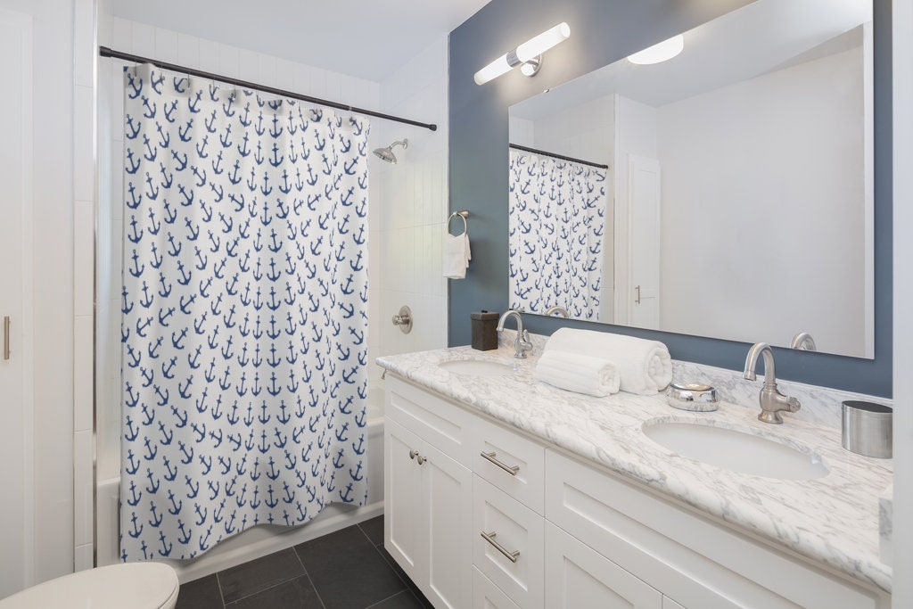Blue & White Anchor Pattern Nautical Ocean Sailing Theme Shower Curtain - Image 2