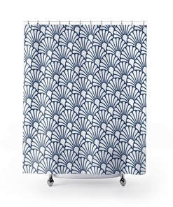 Blue & White Art Nouveau Fan Pattern Art Deco Shower Curtain - Abstract Modern Bathroom