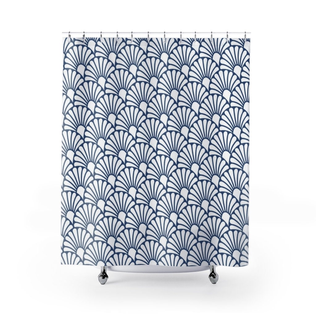 Blue & White Art Nouveau Fan Pattern Art Deco Shower Curtain - Abstract Modern Bathroom