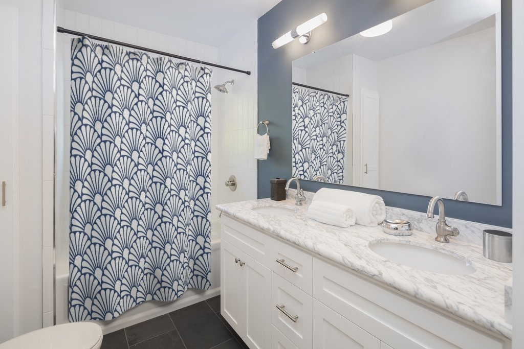 Blue & White Art Nouveau Fan Pattern Art Deco Shower Curtain - Abstract Modern Bathroom - Image 2