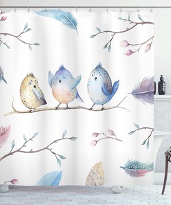 Blue White Bird Cartoon Shower Curtain, Hand Drawn Birds Sitting On Branch In Boho Style