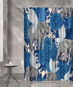 Blue White Floral Boho Shower Curtain with Abstract Elephant Flower Bath Modern Fashion Fabric Bathroom Curtain