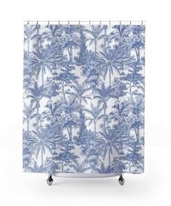 Blue White Jungle Leaves Shower Curtain with Contemporary Toile de Jouy Art 