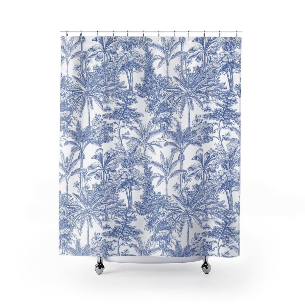 Blue White Jungle Leaves Shower Curtain with Contemporary Toile de Jouy Art