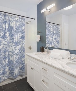 Blue White Jungle Leaves Shower Curtain with Contemporary Toile de Jouy Art