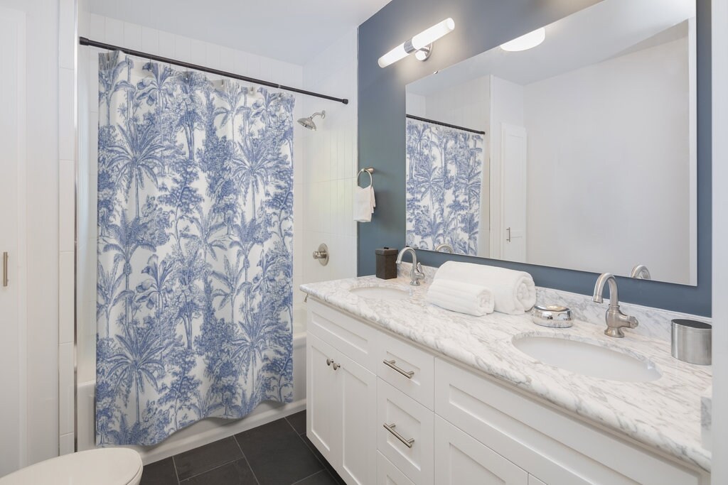Blue White Jungle Leaves Shower Curtain with Contemporary Toile de Jouy Art