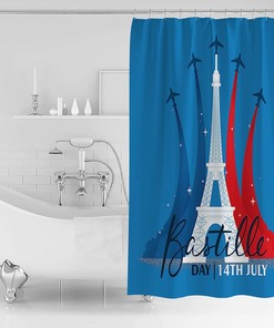 Blue White Red Eiffel Tower Airplane French National Day Shower Curtain for Bathroom