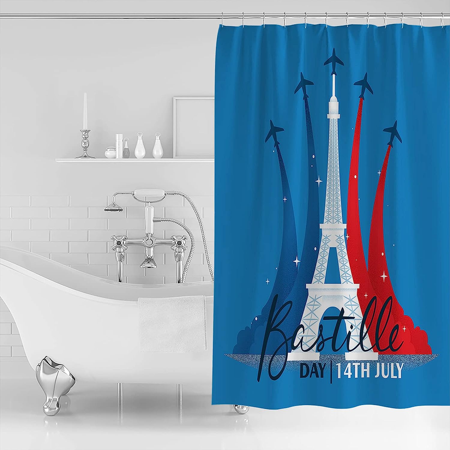 Blue White Red Eiffel Tower Airplane French National Day Shower Curtain for Bathroom