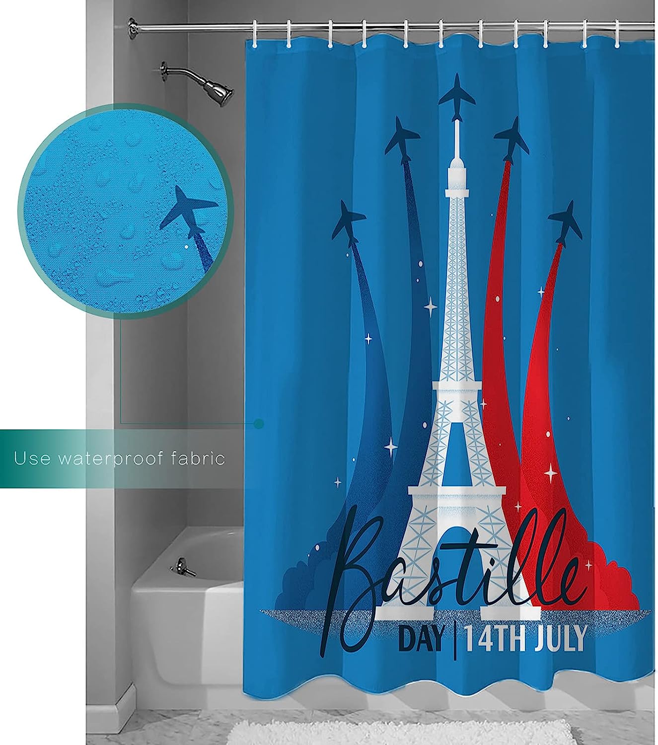 Blue White Red Eiffel Tower Airplane French National Day Shower Curtain for Bathroom
